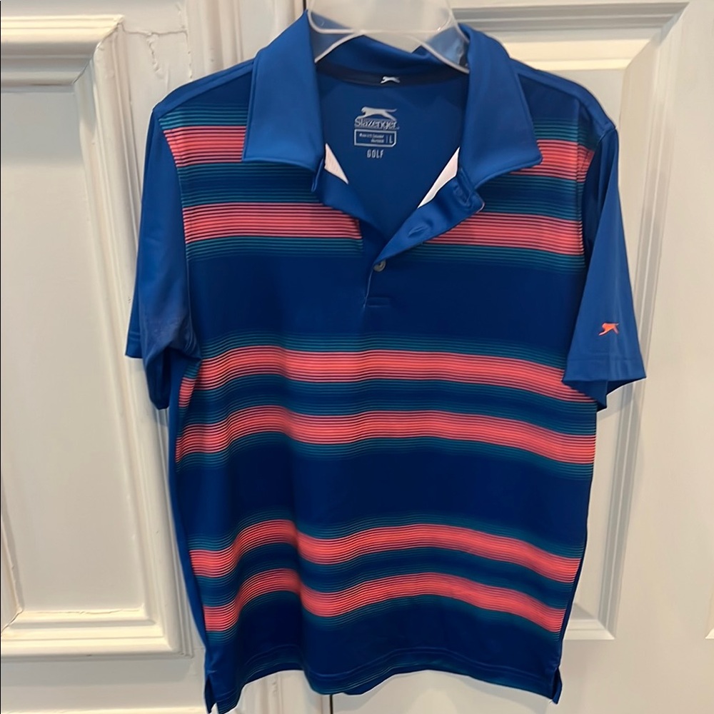 Slazenger Boys Blue and orange Striped Polo Shirt size L great condition